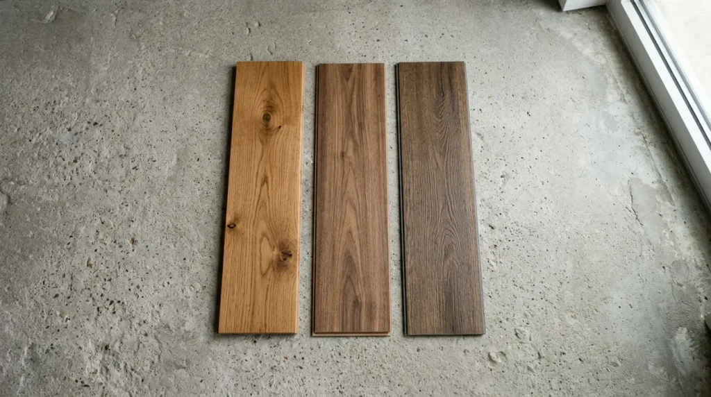 Hardwood, laminate, and vinyl plank flooring samples side by side