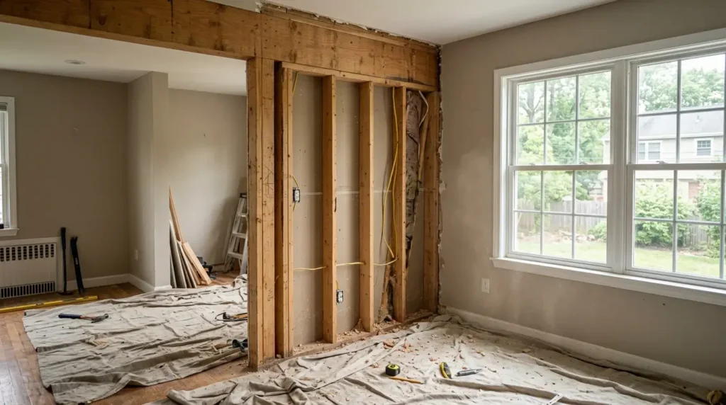 Interior wall being inspected for load-bearing status
