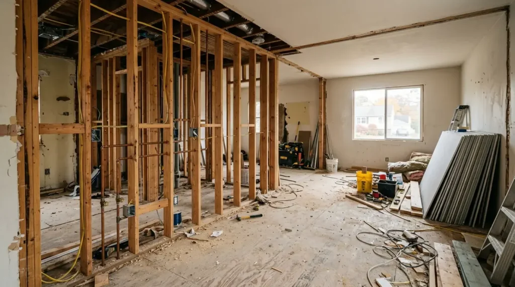Multiple trades working through a home renovation in sequence